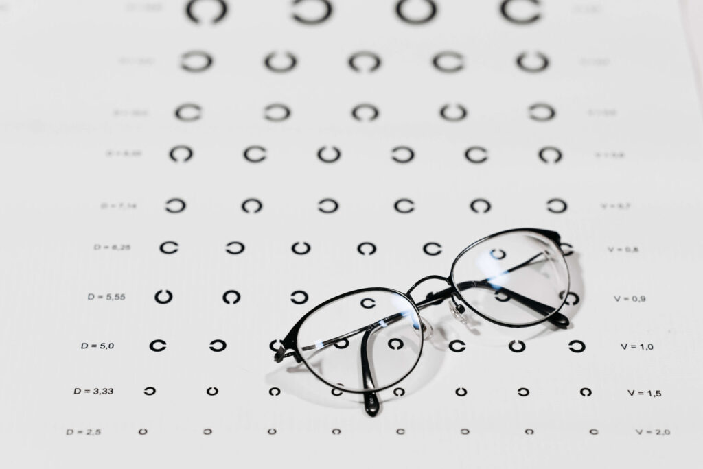 Wire framed glasses on top of vision chart