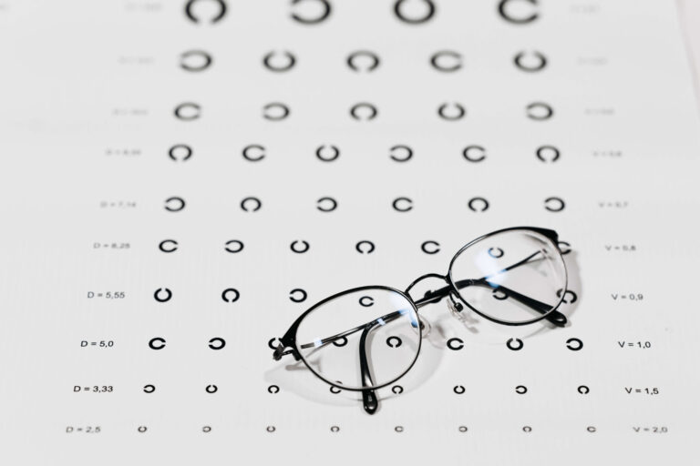 Wire framed glasses on top of vision chart