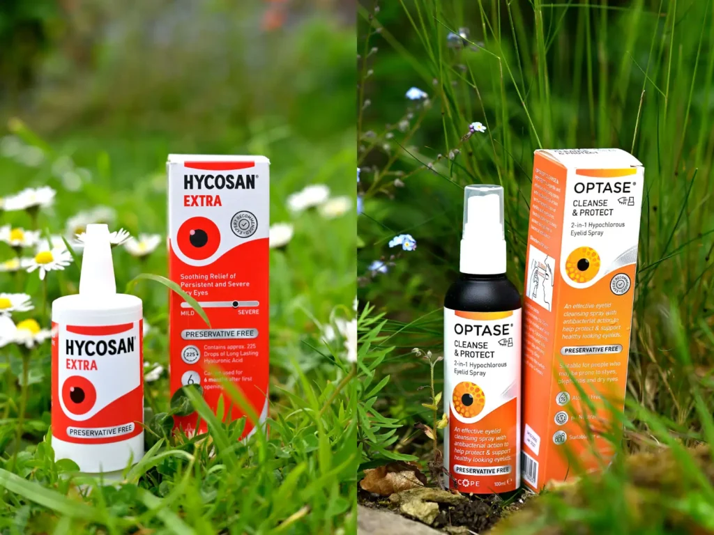 Dry eye products surrounded by plants and flowers